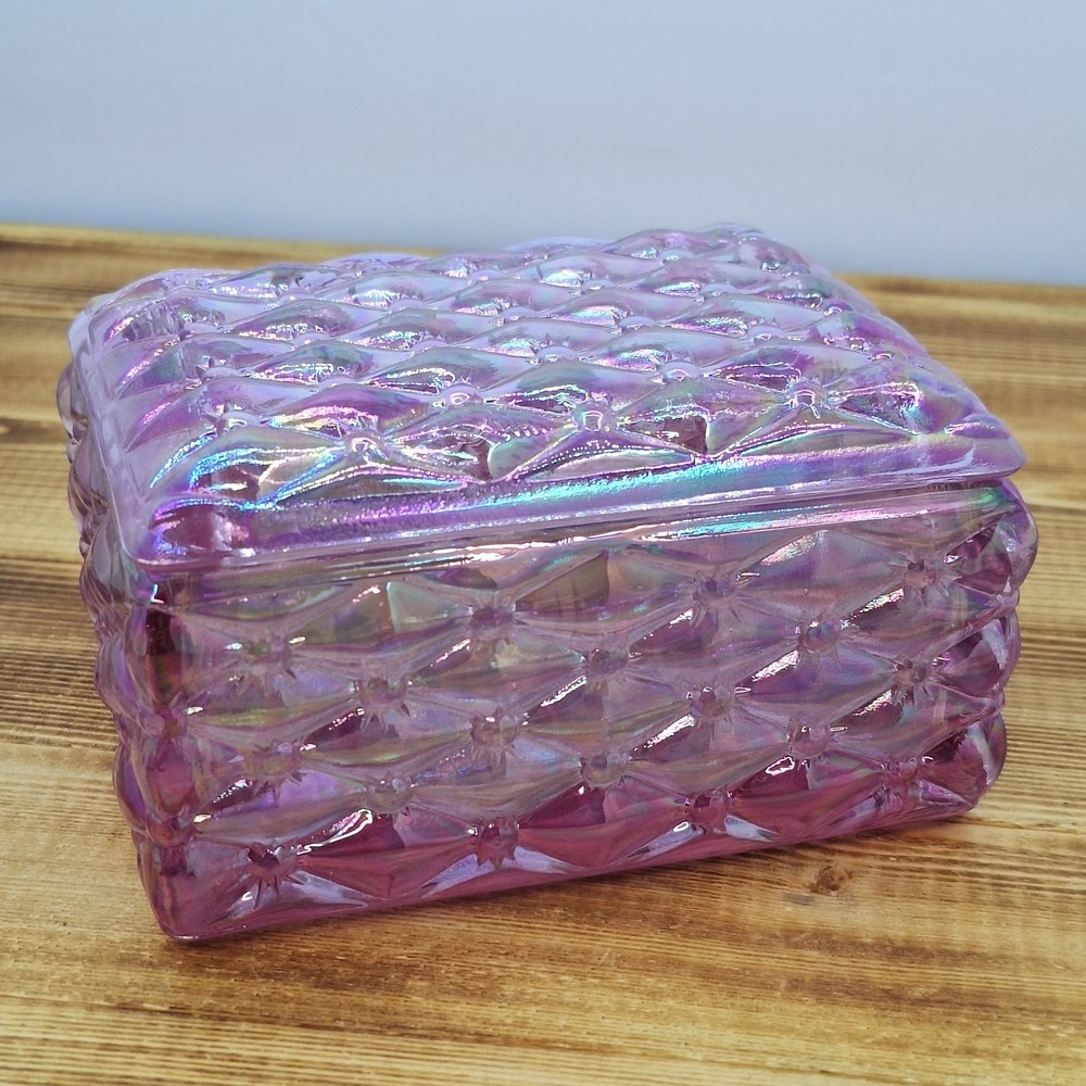 FENTON IRIDESCENT PINK DIAMOND QUILT PATTERN GLASS TRINKET BOX